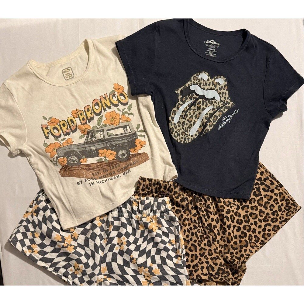 Women’s 4-Piece Pajama Set Size 4-6 Ford Bronco Rolling Stones Shorts PJs